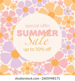Summer sale – a colorful promotional banner with a floral pattern. The text "Special Offer – Summer Sale up to 50% off" on a soft background. Perfect for marketing, social media, and advertising.