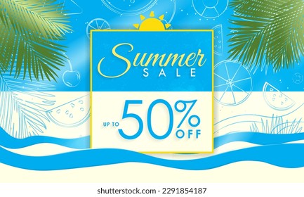 Summer Sale Colorful Sale Sign with hand drawn tropical elements with green palm leaves. Sunlight pouring from the sides. Up to 50% off sales tag. Vector Illustration. EPS 10.