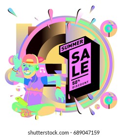Summer sale colorful style banner and Poster. Fashion, music, and lifestyle event with discount poster. Vector holiday Abstract colorful illustration with special offer and promotion.