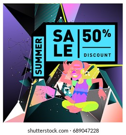 Summer sale colorful style banner and Poster. Fashion, music, and lifestyle event with discount poster. Vector holiday Abstract colorful illustration with special offer and promotion.