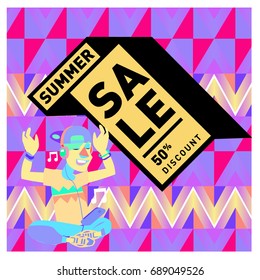 Summer sale colorful style banner and Poster. Fashion, music, and lifestyle event with discount poster. Vector holiday Abstract colorful illustration with special offer and promotion.
