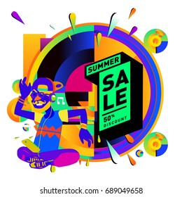Summer sale colorful style banner and Poster. Fashion, music, and lifestyle event with discount poster. Vector holiday Abstract colorful illustration with special offer and promotion.