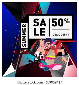 Summer sale colorful style banner and Poster. Fashion, music, and lifestyle event with discount poster. Vector holiday Abstract colorful illustration with special offer and promotion.