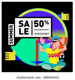 Summer sale colorful style banner and Poster. Fashion, music, and lifestyle event with discount poster. Vector holiday Abstract colorful illustration with special offer and promotion.
