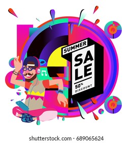 Summer sale colorful style banner and Poster. Fashion, music, and lifestyle event with discount poster. Vector holiday Abstract colorful illustration with special offer and promotion.