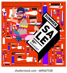 Summer sale colorful style banner and Poster. Fashion, music, and lifestyle event with discount poster. Vector holiday Abstract colorful illustration with special offer and promotion.