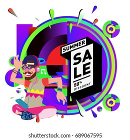 Summer sale colorful style banner and Poster. Fashion, music, and lifestyle event with discount poster. Vector holiday Abstract colorful illustration with special offer and promotion.