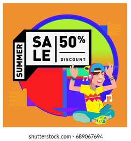 Summer sale colorful style banner and Poster. Fashion, music, and lifestyle event with discount poster. Vector holiday Abstract colorful illustration with special offer and promotion.