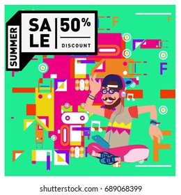 Summer sale colorful style banner and Poster. Fashion, music, and lifestyle event with discount poster. Vector holiday Abstract colorful illustration with special offer and promotion.