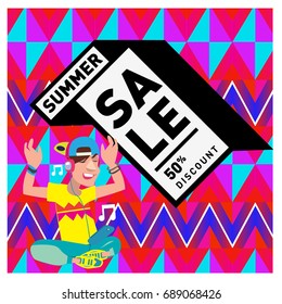 Summer sale colorful style banner and Poster. Fashion, music, and lifestyle event with discount poster. Vector holiday Abstract colorful illustration with special offer and promotion.