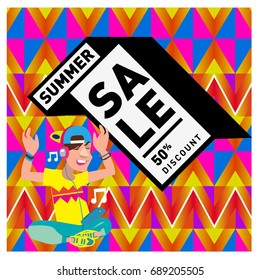 Summer sale colorful style banner and Poster. Fashion, music, and lifestyle event with discount poster. Vector holiday Abstract colorful illustration with special offer and promotion.
