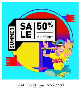 Summer sale colorful style banner and Poster. Fashion, music, and lifestyle event with discount poster. Vector holiday Abstract colorful illustration with special offer and promotion.