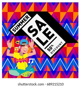 Summer sale colorful style banner and Poster. Fashion, music, and lifestyle event with discount poster. Vector holiday Abstract colorful illustration with special offer and promotion