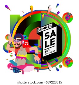 Summer sale colorful style banner and Poster. Fashion, music, and lifestyle event with discount poster. Vector holiday Abstract colorful illustration with special offer and promotion.