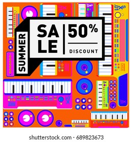 Summer sale colorful style banner and Poster. Fashion, music, and lifestyle event with discount poster. Vector holiday Abstract colorful illustration with special offer and promotion.