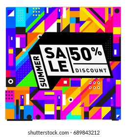 Summer sale colorful style banner and Poster. Fashion, music, and lifestyle event with discount poster. Vector holiday Abstract colorful illustration with special offer and promotion.