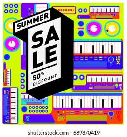 Summer sale colorful style banner and Poster. Fashion, music, and lifestyle event with discount poster. Vector holiday Abstract colorful illustration with special offer and promotion.