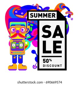 Summer sale colorful style banner and Poster. Toys, music, lifestyle and hobby event with discount poster. Vector Abstract colorful cartoon doodle illustration with special offer and promotion.
