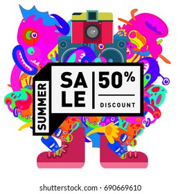 Summer sale colorful style banner and Poster. Toys, music, lifestyle and hobby event with discount poster. Vector Abstract colorful cartoon doodle illustration with special offer and promotion.