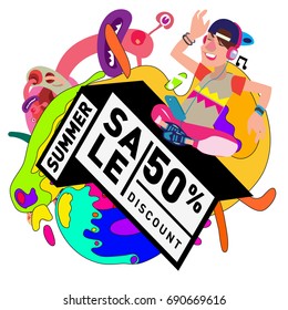 Summer sale colorful style banner and Poster. Toys, music, lifestyle and hobby event with discount poster. Vector Abstract colorful cartoon doodle illustration with special offer and promotion.