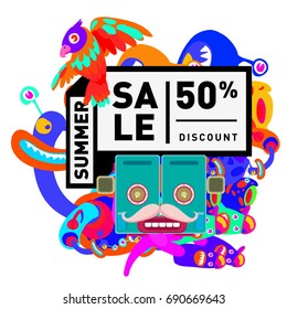 Summer sale colorful style banner and Poster. Toys, music, lifestyle and hobby event with discount poster. Vector Abstract colorful cartoon doodle illustration with special offer and promotion.