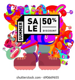 Summer sale colorful style banner and Poster. Toys, music, lifestyle and hobby event with discount poster. Vector Abstract colorful cartoon doodle illustration with special offer and promotion.