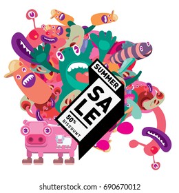 Summer sale colorful style banner and Poster. Toys, music, lifestyle and hobby event with discount poster. Vector Abstract colorful cartoon doodle illustration with special offer and promotion.