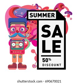 Summer sale colorful style banner and Poster. Toys, music, lifestyle and hobby event with discount poster. Vector Abstract colorful cartoon doodle illustration with special offer and promotion.