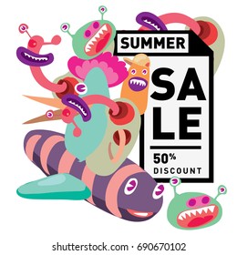 Summer sale colorful style banner and Poster. Toys, music, lifestyle and hobby event with discount poster. Vector Abstract colorful cartoon doodle illustration with special offer and promotion.