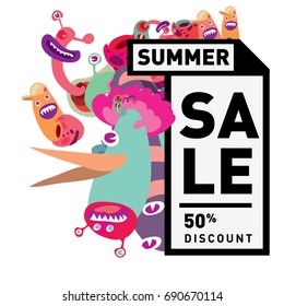 Summer sale colorful style banner and Poster. Toys, music, lifestyle and hobby event with discount poster. Vector Abstract colorful cartoon doodle illustration with special offer and promotion.