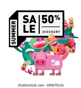 Summer sale colorful style banner and Poster. Toys, music, lifestyle and hobby event with discount poster. Vector Abstract colorful cartoon doodle illustration with special offer and promotion.