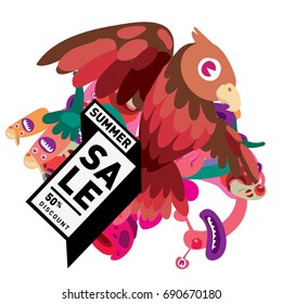 Summer sale colorful style banner and Poster. Toys, music, lifestyle and hobby event with discount poster. Vector Abstract colorful cartoon doodle illustration with special offer and promotion.