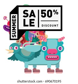 Summer sale colorful style banner and Poster. Toys, music, lifestyle and hobby event with discount poster. Vector Abstract colorful cartoon doodle illustration with special offer and promotion.