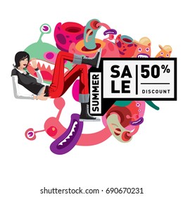 Summer sale colorful style banner and Poster. Toys, music, lifestyle and hobby event with discount poster. Vector Abstract colorful cartoon doodle illustration with special offer and promotion.