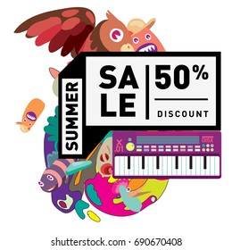 Summer sale colorful style banner and Poster. Toys, music, lifestyle and hobby event with discount poster. Vector Abstract colorful cartoon doodle illustration with special offer and promotion.
