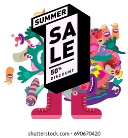 Summer sale colorful style banner and Poster. Toys, music, lifestyle and hobby event with discount poster. Vector Abstract colorful cartoon doodle illustration with special offer and promotion.