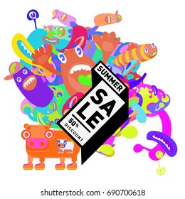 Summer sale colorful style banner and Poster. Toys, music, lifestyle and hobby event with discount poster. Vector Abstract colorful cartoon doodle illustration with special offer and promotion.