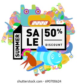 Summer sale colorful style banner and Poster. Toys, music, lifestyle and hobby event with discount poster. Vector Abstract colorful cartoon doodle illustration with special offer and promotion.