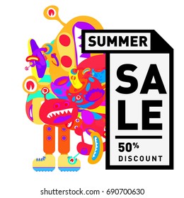 Summer sale colorful style banner and Poster. Toys, music, lifestyle and hobby event with discount poster. Vector Abstract colorful cartoon doodle illustration with special offer and promotion.