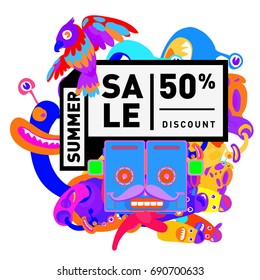 Summer sale colorful style banner and Poster. Toys, music, lifestyle and hobby event with discount poster. Vector Abstract colorful cartoon doodle illustration with special offer and promotion.