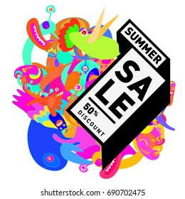 Summer sale colorful style banner and Poster. Toys, music, lifestyle and hobby event with discount poster. Vector Abstract colorful cartoon doodle illustration with special offer and promotion.