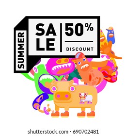 Summer sale colorful style banner and Poster. Toys, music, lifestyle and hobby event with discount poster. Vector Abstract colorful cartoon doodle illustration with special offer and promotion.