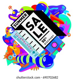 Summer sale colorful style banner and Poster. Toys, music, lifestyle and hobby event with discount poster. Vector Abstract colorful cartoon doodle illustration with special offer and promotion.