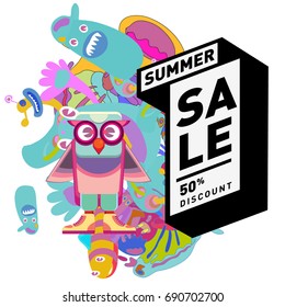Summer sale colorful style banner and Poster. Toys, music, lifestyle and hobby event with discount poster. Vector Abstract colorful cartoon doodle illustration with special offer and promotion.