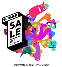 Summer sale colorful style banner and Poster. Toys, music, lifestyle and hobby event with discount poster. Vector Abstract colorful cartoon doodle illustration with special offer and promotion.