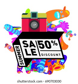 Summer sale colorful style banner and Poster. Toys, music, lifestyle and hobby event with discount poster. Vector Abstract colorful cartoon doodle illustration with special offer and promotion.