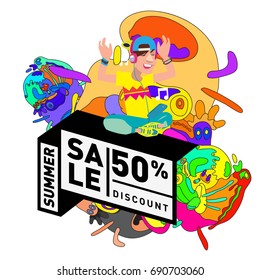 Summer sale colorful style banner and Poster. Toys, music, lifestyle and hobby event with discount poster. Vector Abstract colorful cartoon doodle illustration with special offer and promotion.