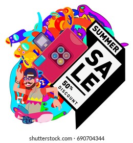 Summer sale colorful style banner and Poster. Toys, music, lifestyle and hobby event with discount poster. Vector Abstract colorful cartoon doodle illustration with special offer and promotion.