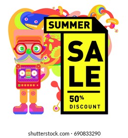 Summer sale colorful style banner and Poster. Toys, music, lifestyle and hobby event with discount poster. Vector Abstract colorful cartoon doodle illustration with special offer and promotion.