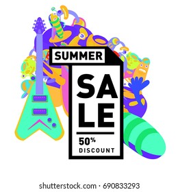 Summer sale colorful style banner and Poster. Toys, music, lifestyle and hobby event with discount poster. Vector Abstract colorful cartoon doodle illustration with special offer and promotion.